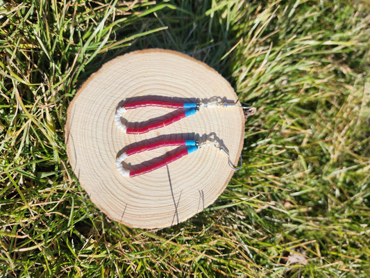Traditonal Navajo red white blue synthetic heishi and white shell dangly earrings