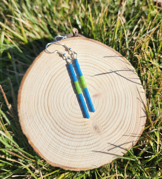 Blue and green dangly synthetic heishi beaded earrings