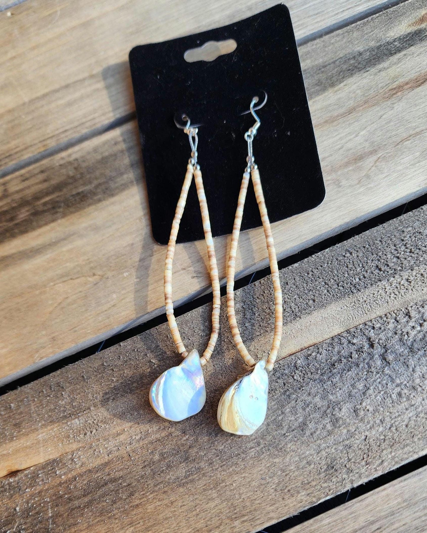 Brown Heishi beaded and mother of pearl Abalone Earrings