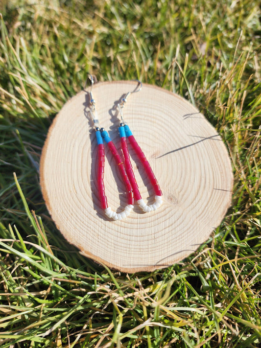 Traditonal Navajo red white blue synthetic heishi and white shell dangly earrings
