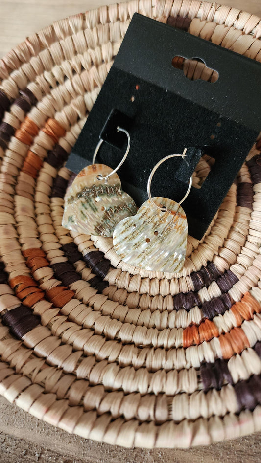Heart shaped abalone button hoop earrings