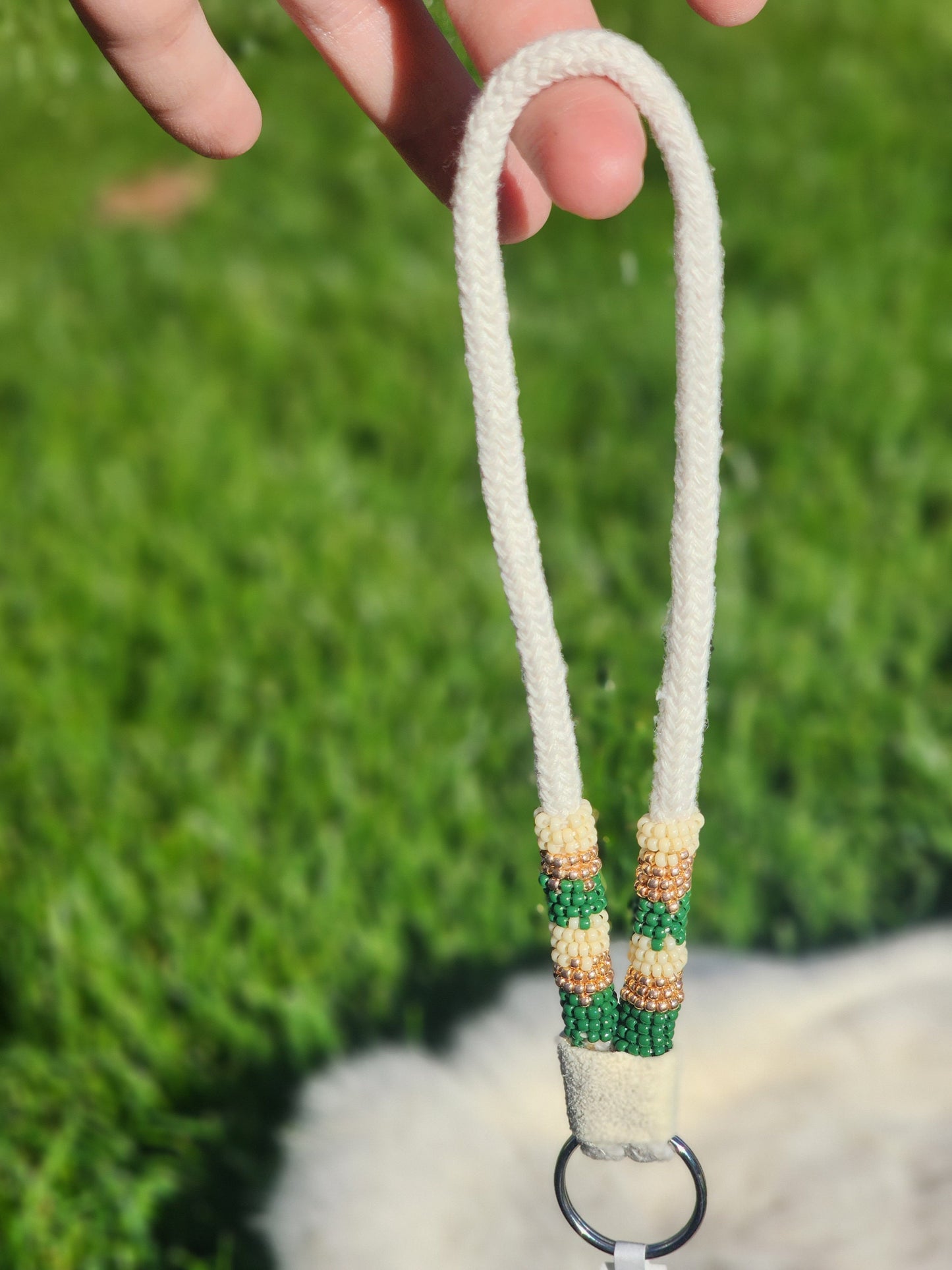 Neutral beige, green and gold beaded keychain