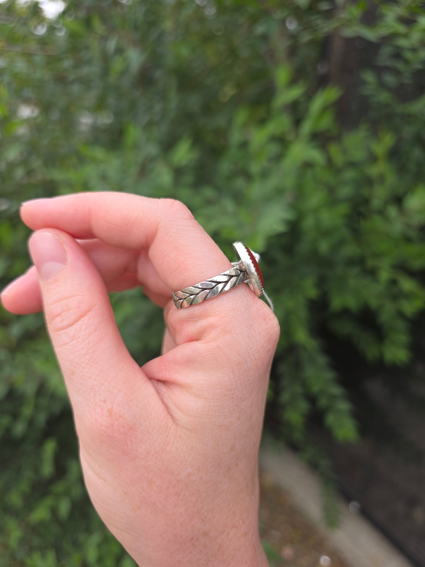 Sterling Silver Red Jasper braided Navajo ring, Size 10
